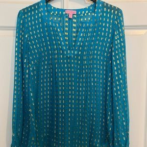 Lilly Pulitzer bright blue long sleeve blouse with gold.